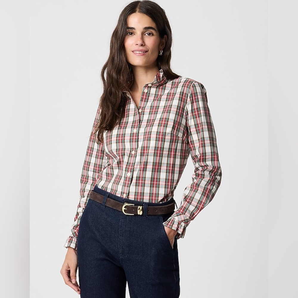 NWT J.Crew Ruffleneck Button-Up Top in Tartan